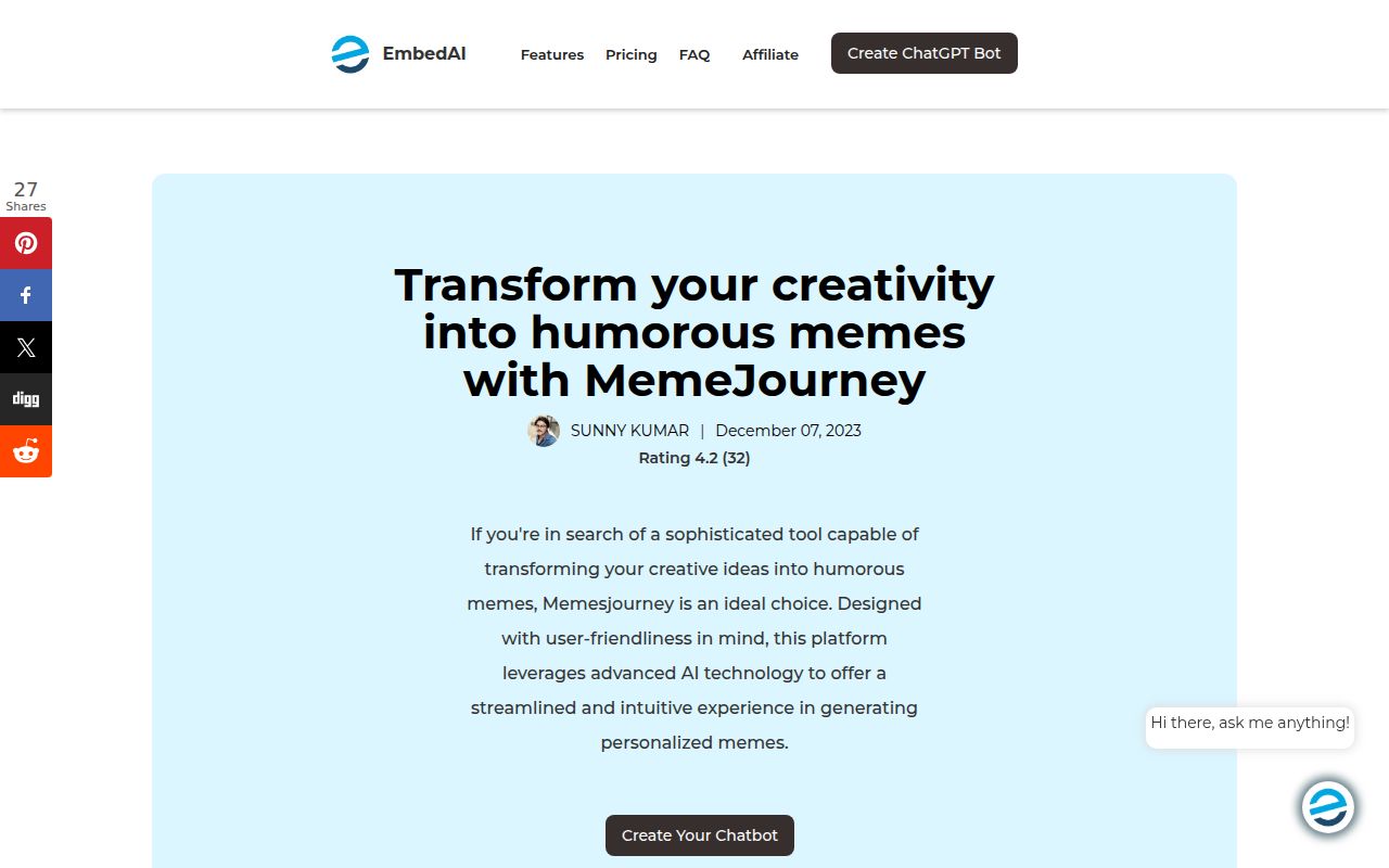 Memejourney – ChatGPT for memes homepage screenshot