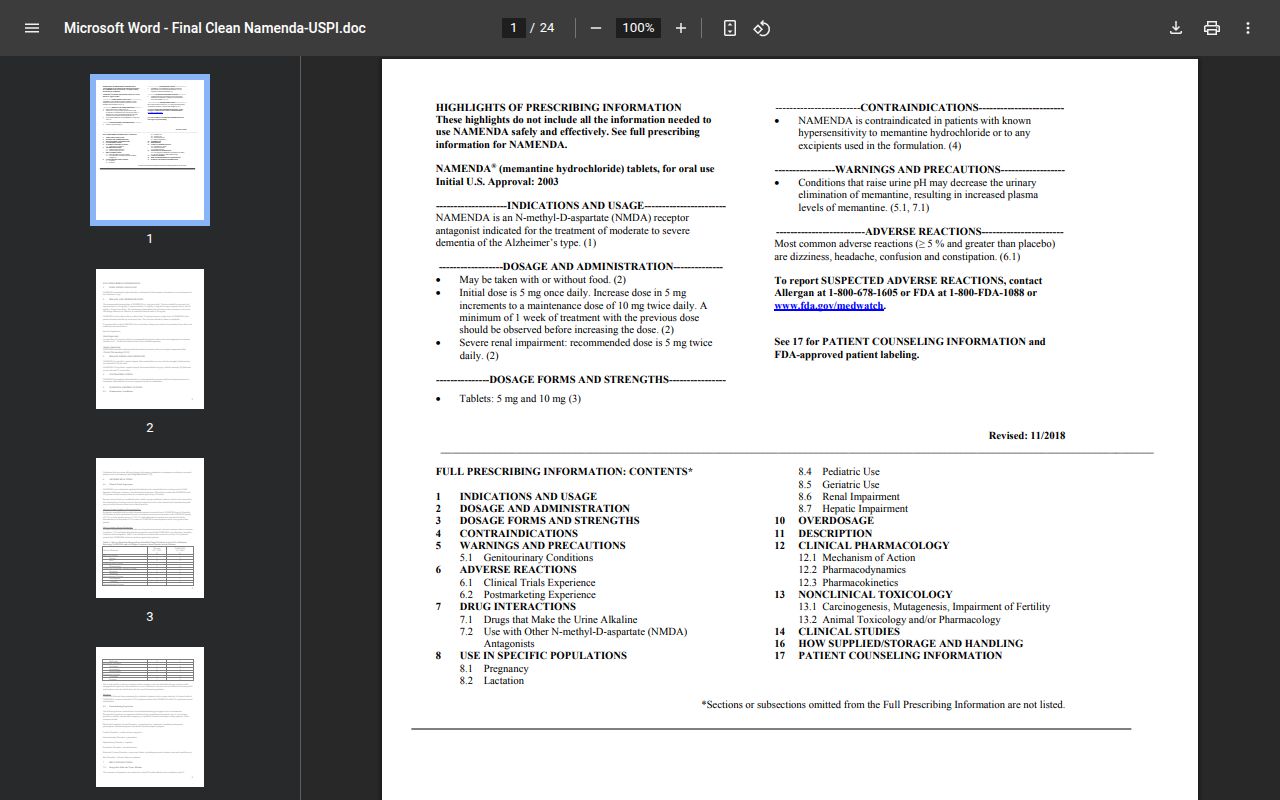 Namenda homepage screenshot