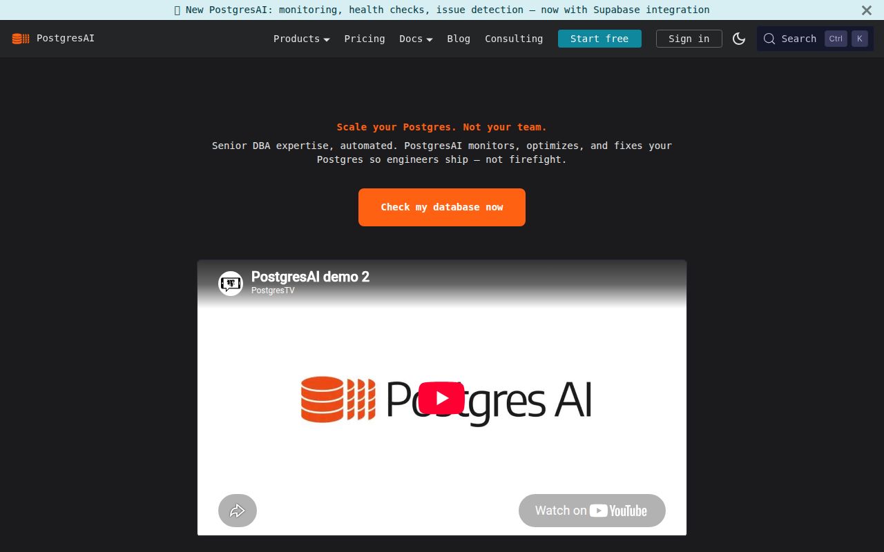 Postgres AI homepage screenshot